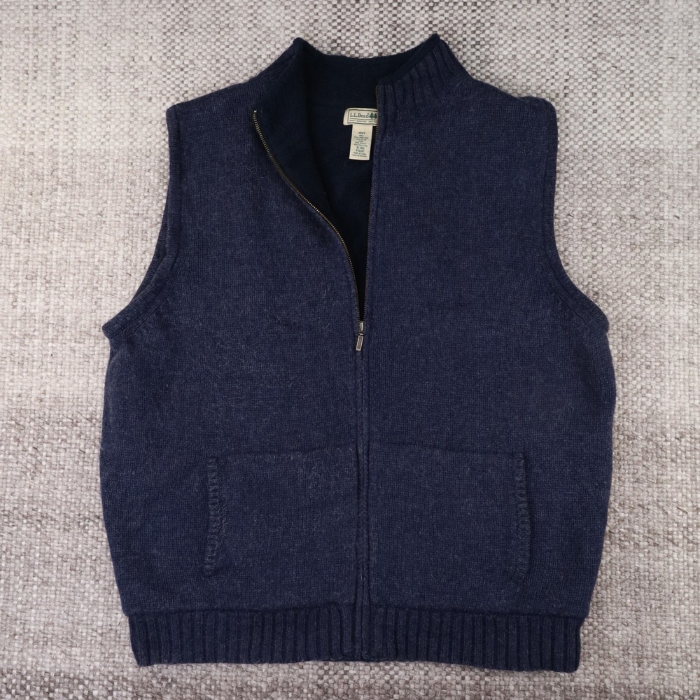 LL Bean Mens XL Lambswool Blend Full Zip Fleece Lined Sweater Vest Navy Blue